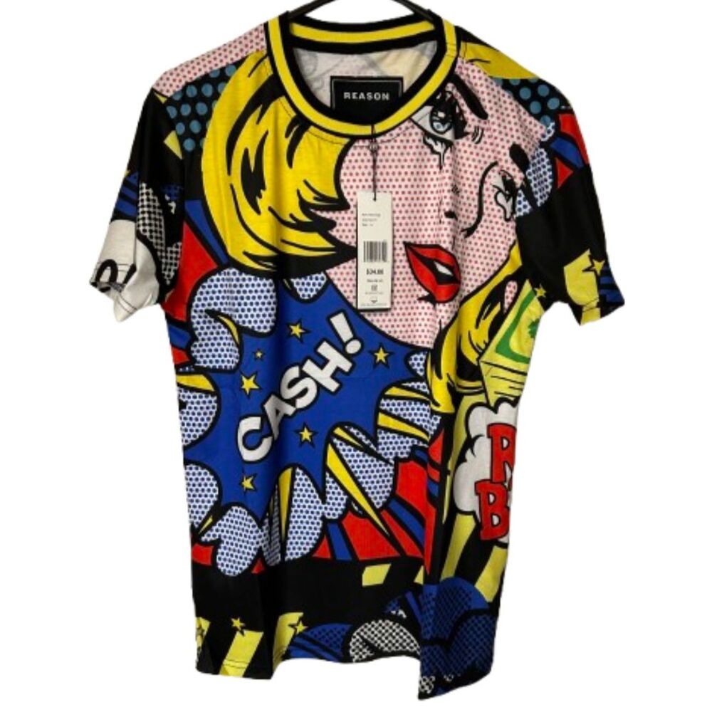 New Reason Mens Trap Stars Comic Print Graphic Tee size Small Yellow Blue E91